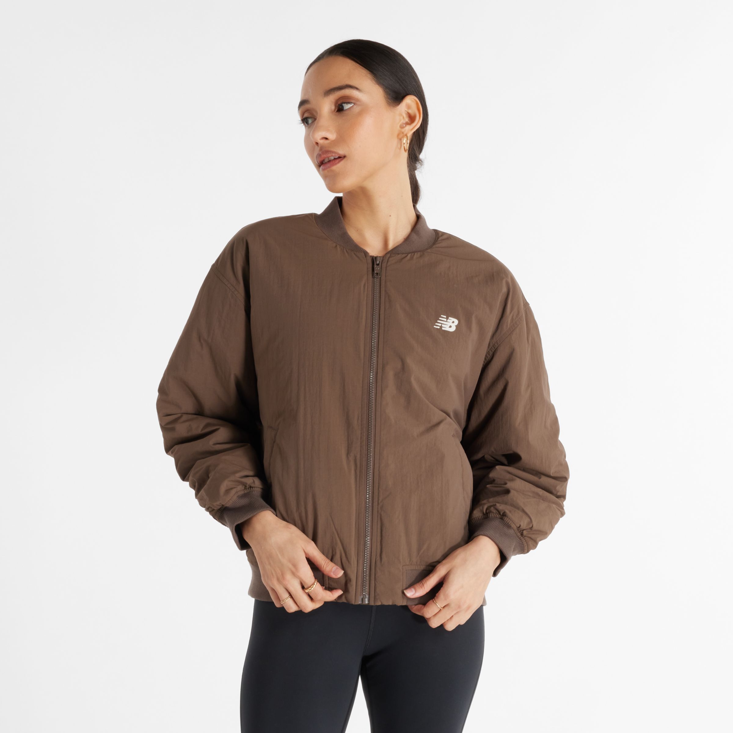 

New Balance Women's Graphic Woven Bomber Jacket Brown - Brown