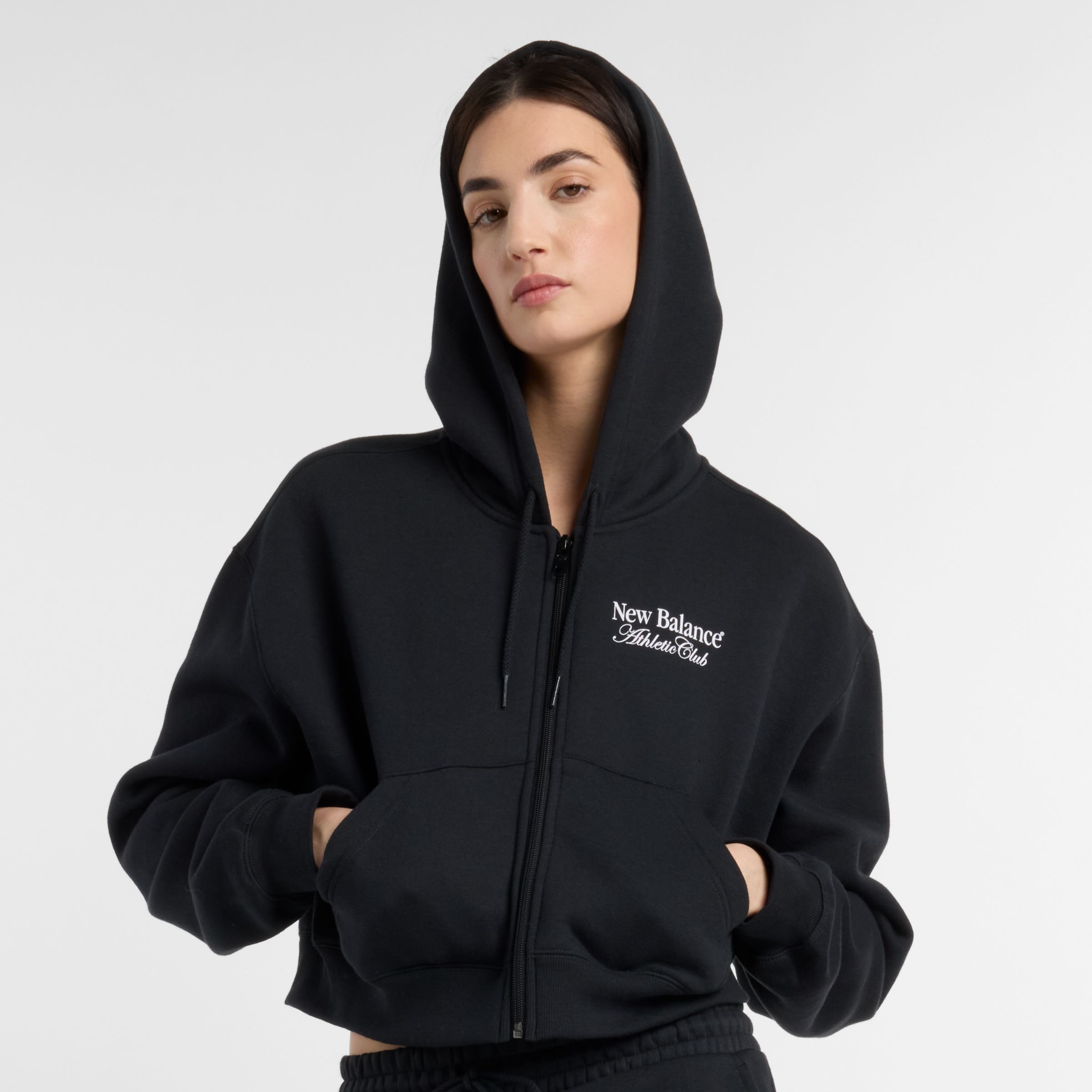 New Balance Donna Waist Length Full Zip Hoodie in Nero, Cotton, Taglia L
