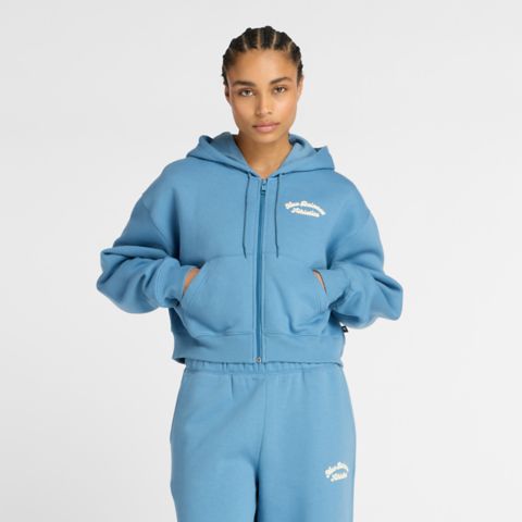 Женское худи New Balance Linear Heritage Fleece Full Zip, цвет: Синий