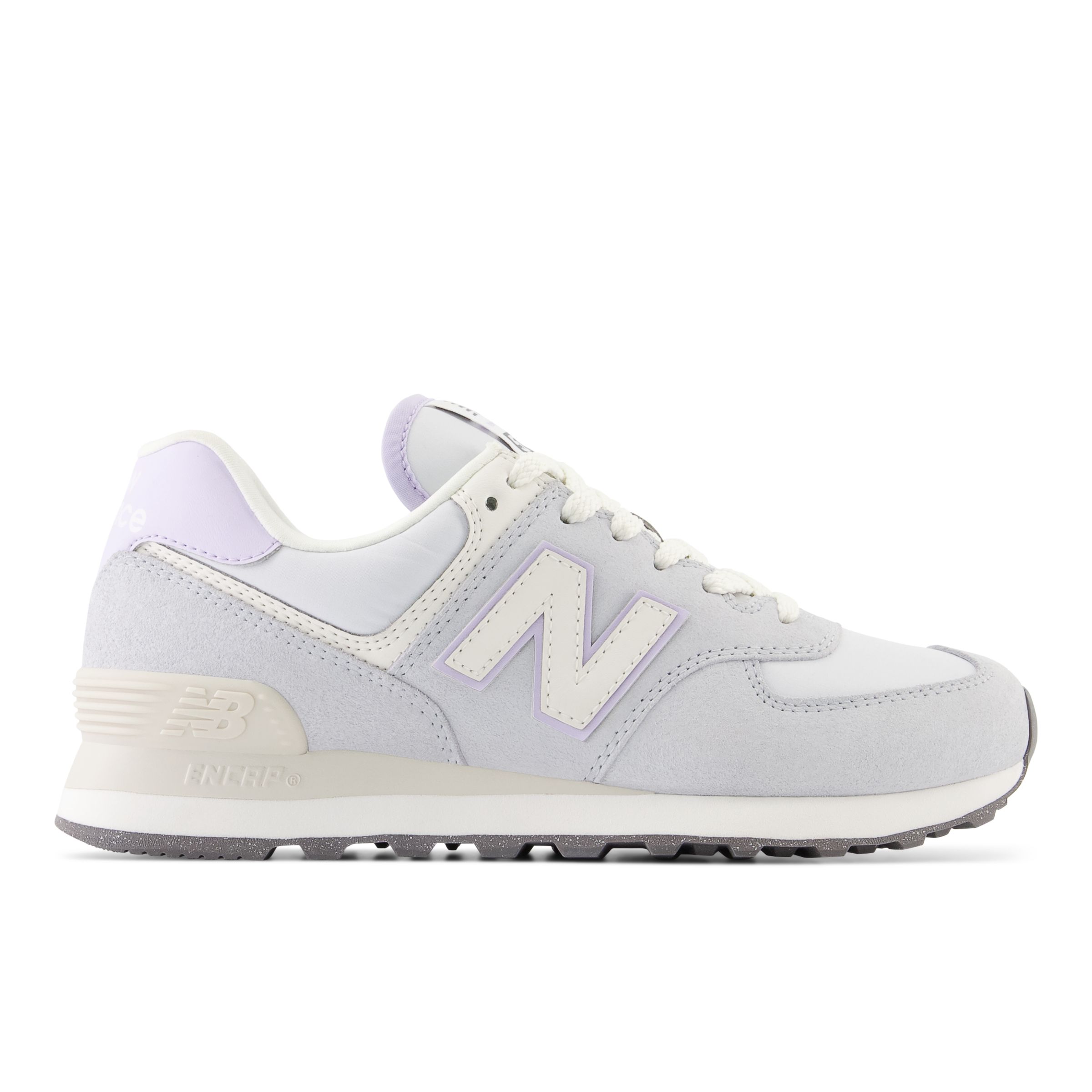 New Balance Women's 574 in Grey/Purple Suede/Mesh, size 3 Narrow