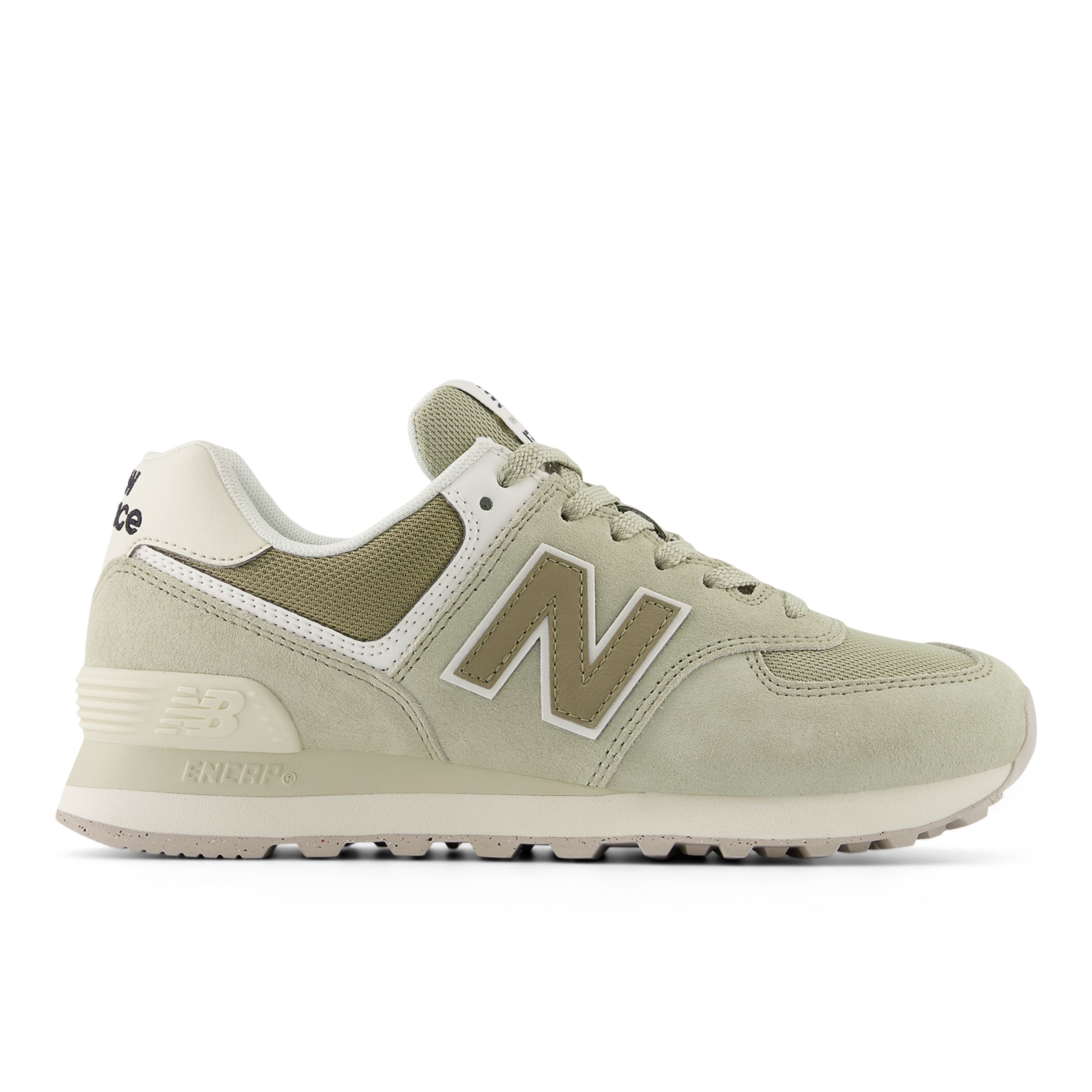 New Balance Women's 574 in Green/Beige/Grey Suede/Mesh, size 8 Narrow