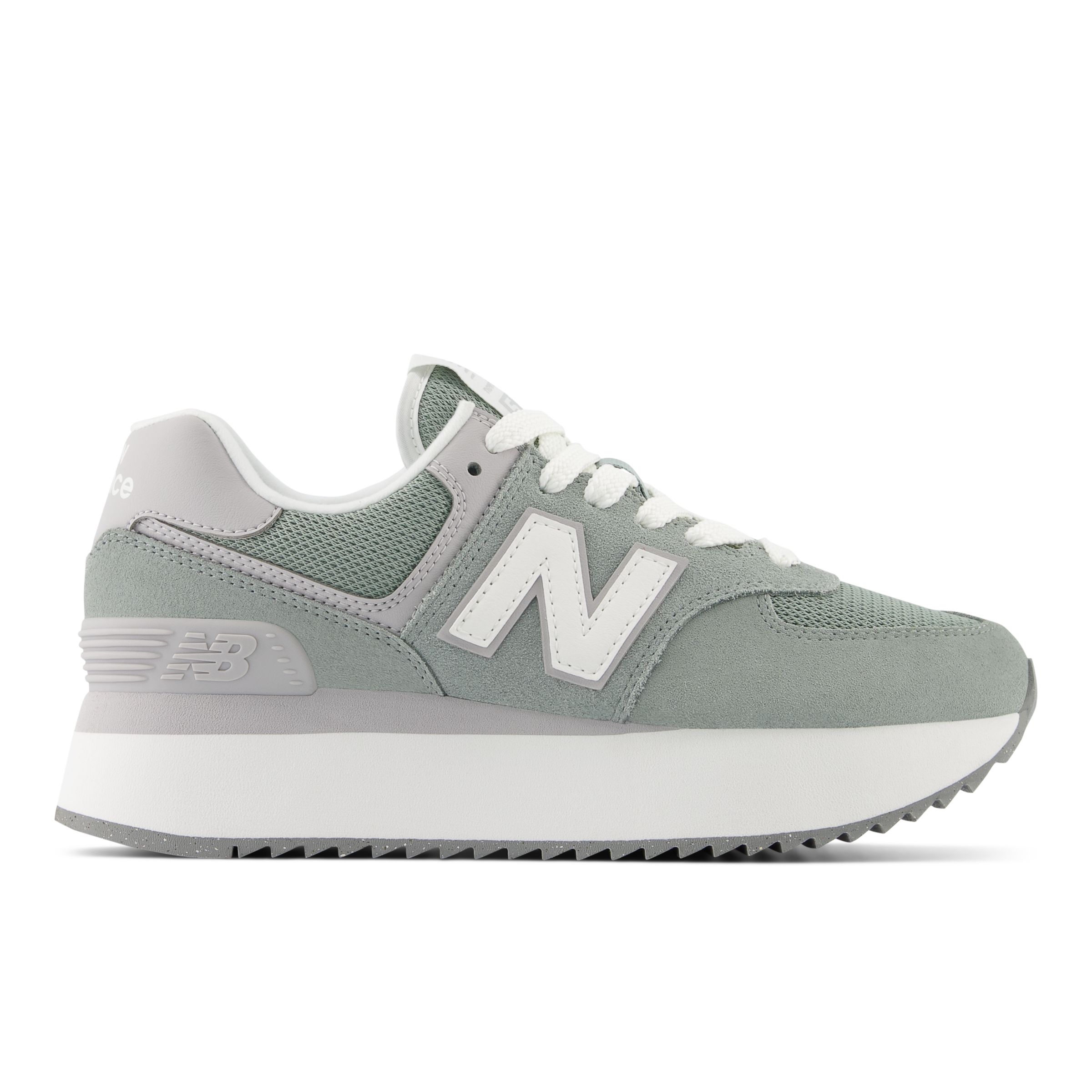 

New Balance Femme 574+ en Vert/Gris/Blanc, Suede/Mesh, Taille 40.5