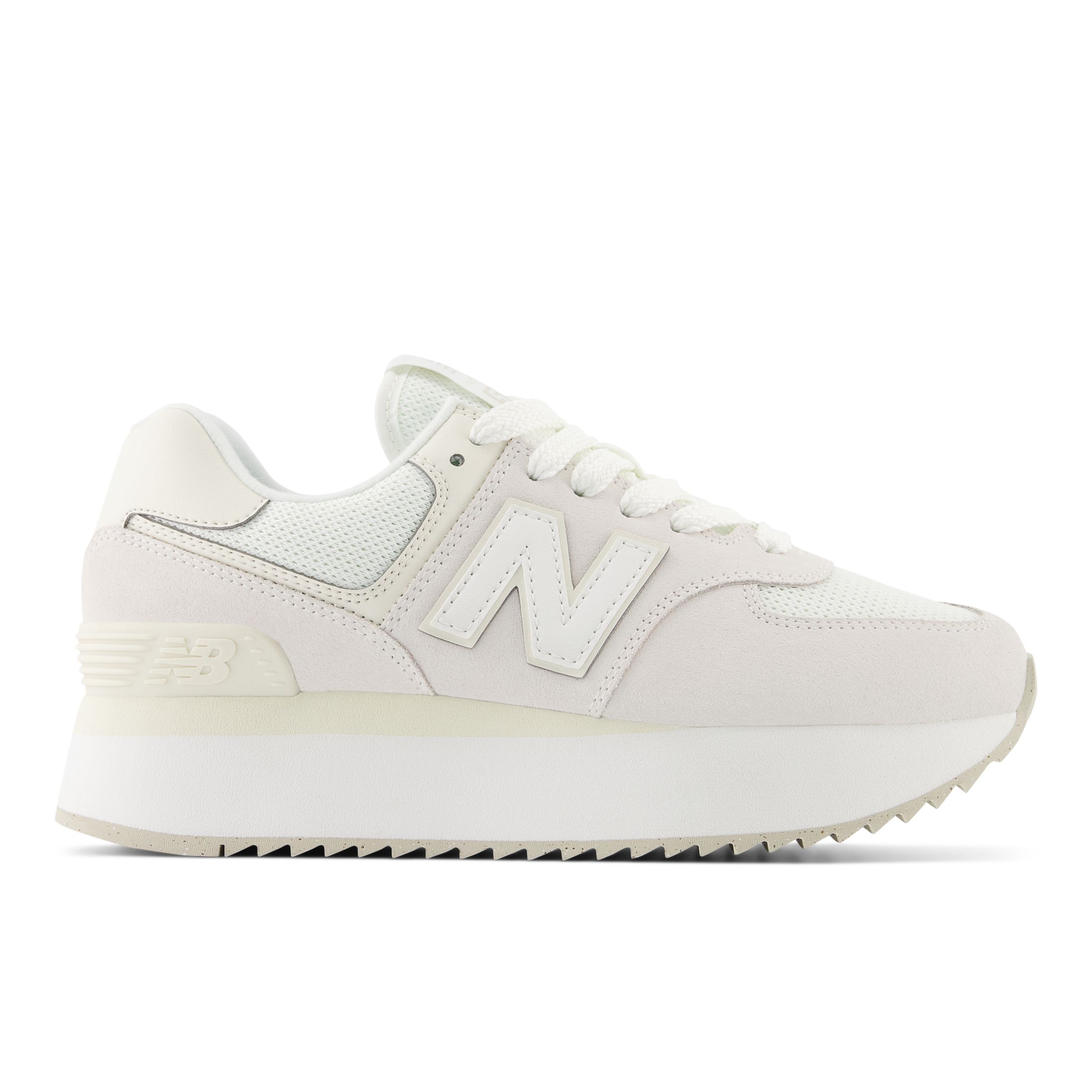 New Balance Femme 574+ en Blanc/Gris, Suede/Mesh, Taille 40