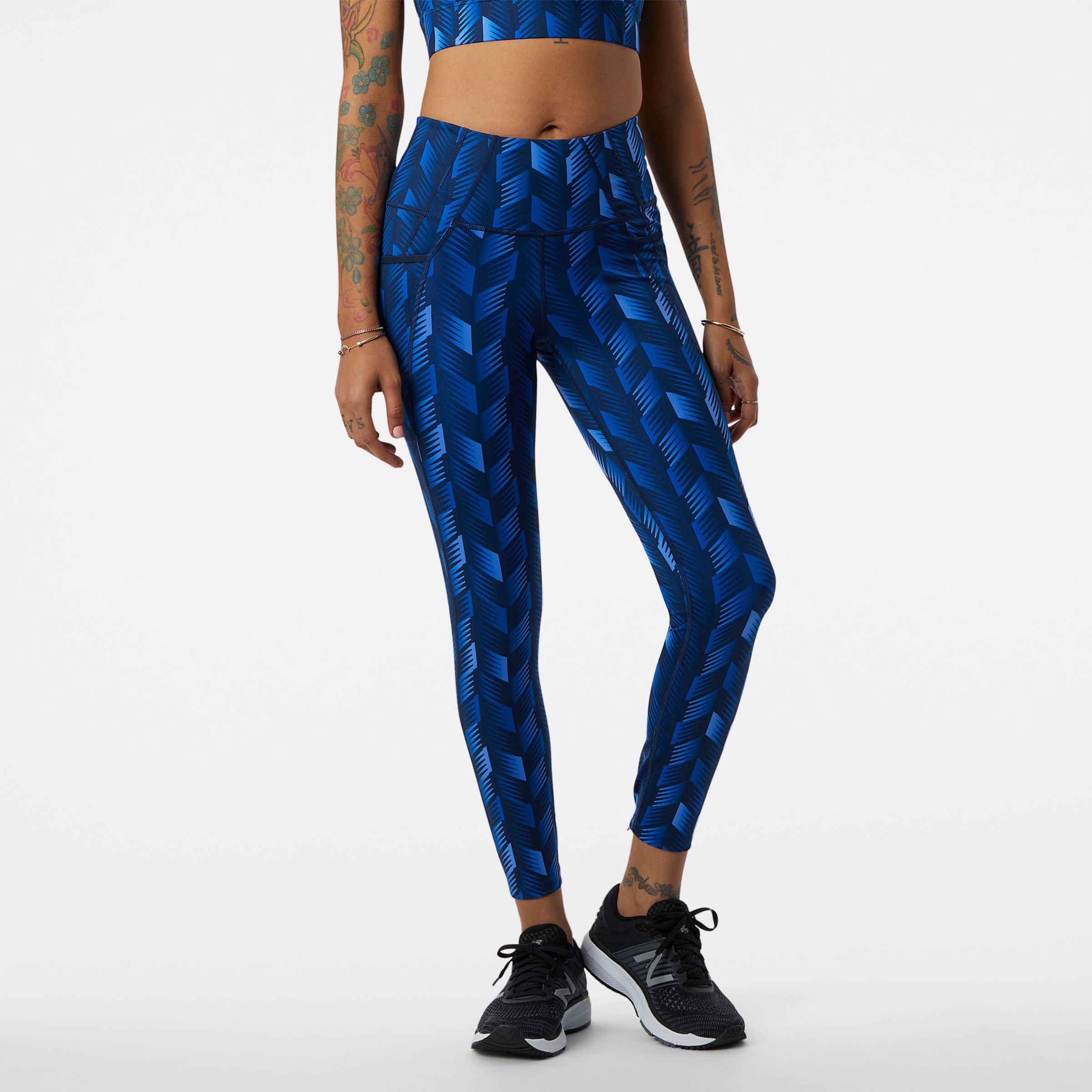 New Balance Femme Leggings Shape Shield 7/8 High Rise Printed Pocket en Blue/Bleu, Poly Knit, Taille XS