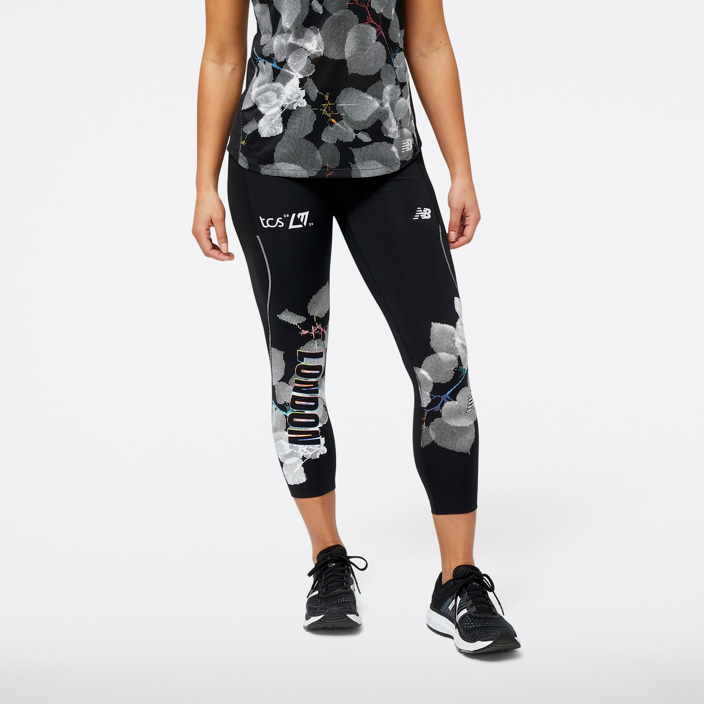 New Balance Mulheres London Edition Printed Impact Run Crop in Preto, Poly Knit, Tamanho M