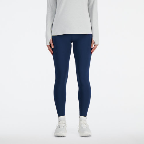 new balance femme nb sleek pocket high rise legging 27&quot; en bleu, poly knit, taille l