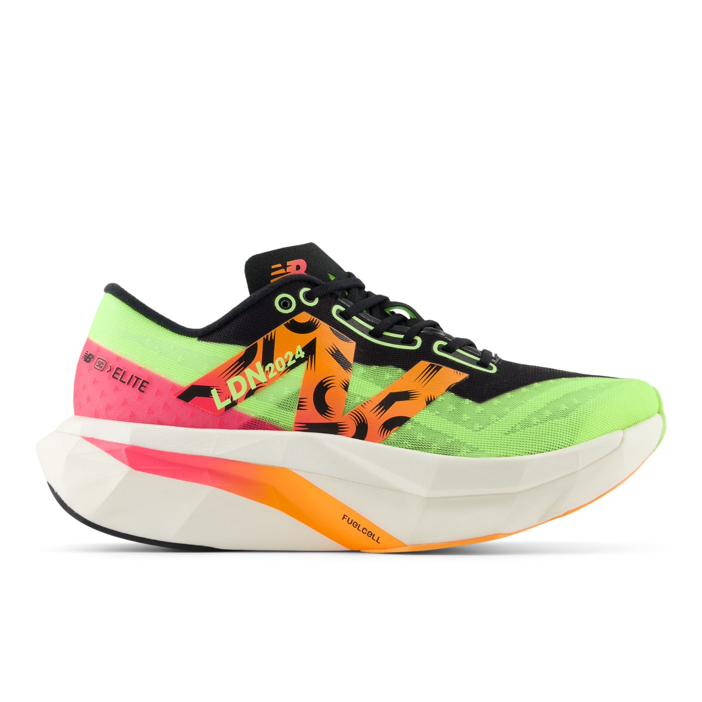 New Balance Women's TCS London Marathon FuelCell SuperComp Elite v4 in Green/Orange/Pink/Black Synthetic, size 7.5 Narrow