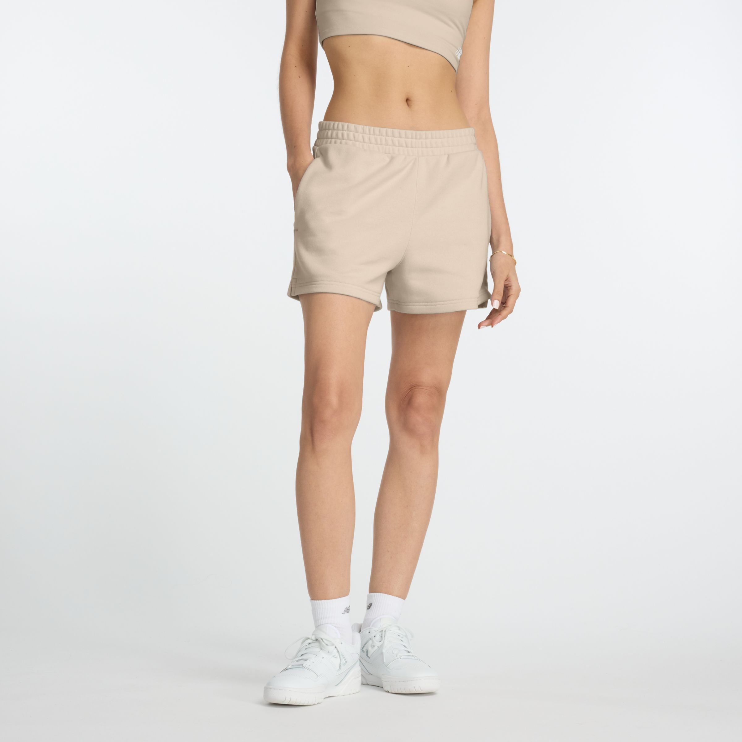 New Balance Femme Linear Heritage French Terry Short en Gris, Coton Fleece, Taille L