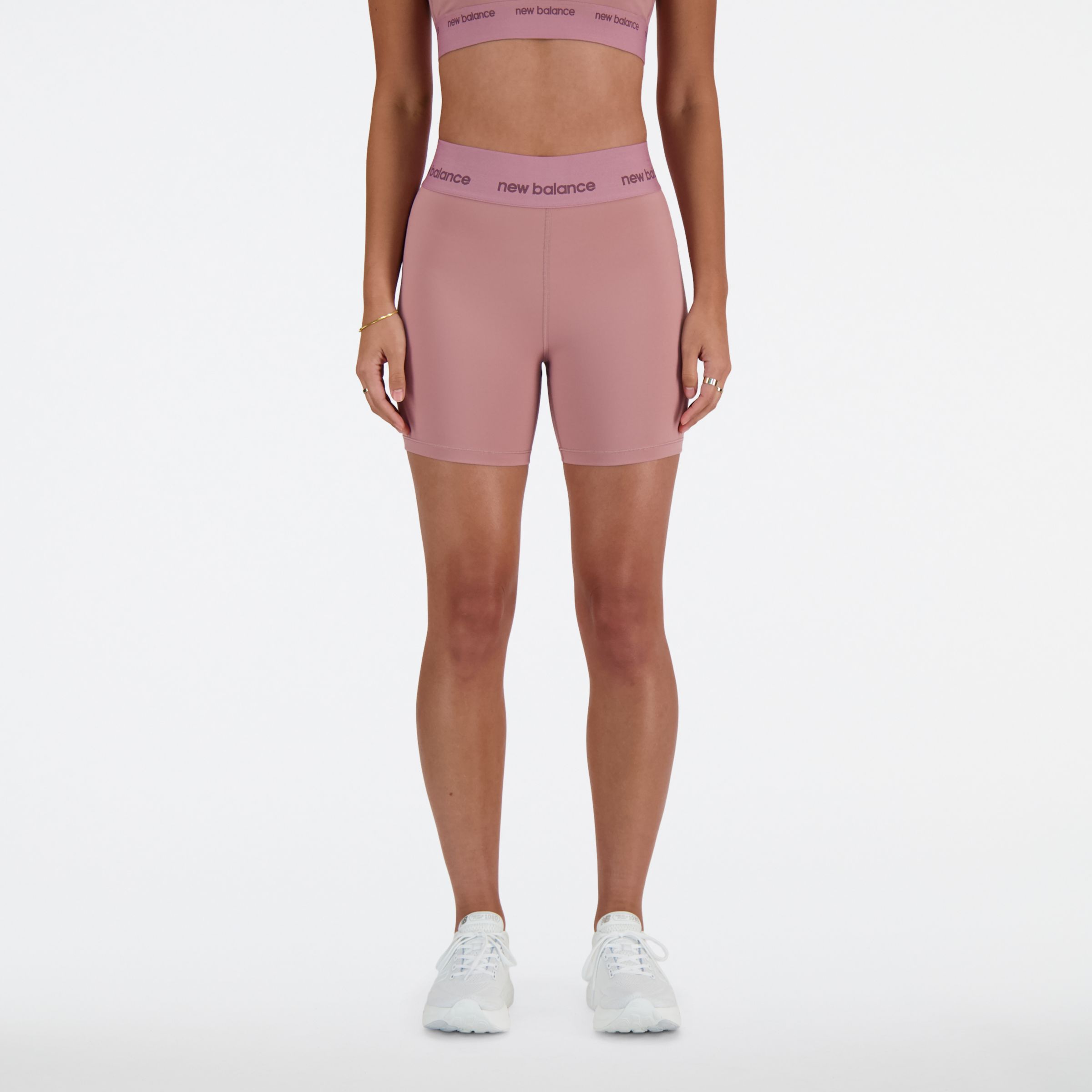 New Balance Women's NB Sleek High Rise Sport Short 5" in Pink Poly Knit, size Small