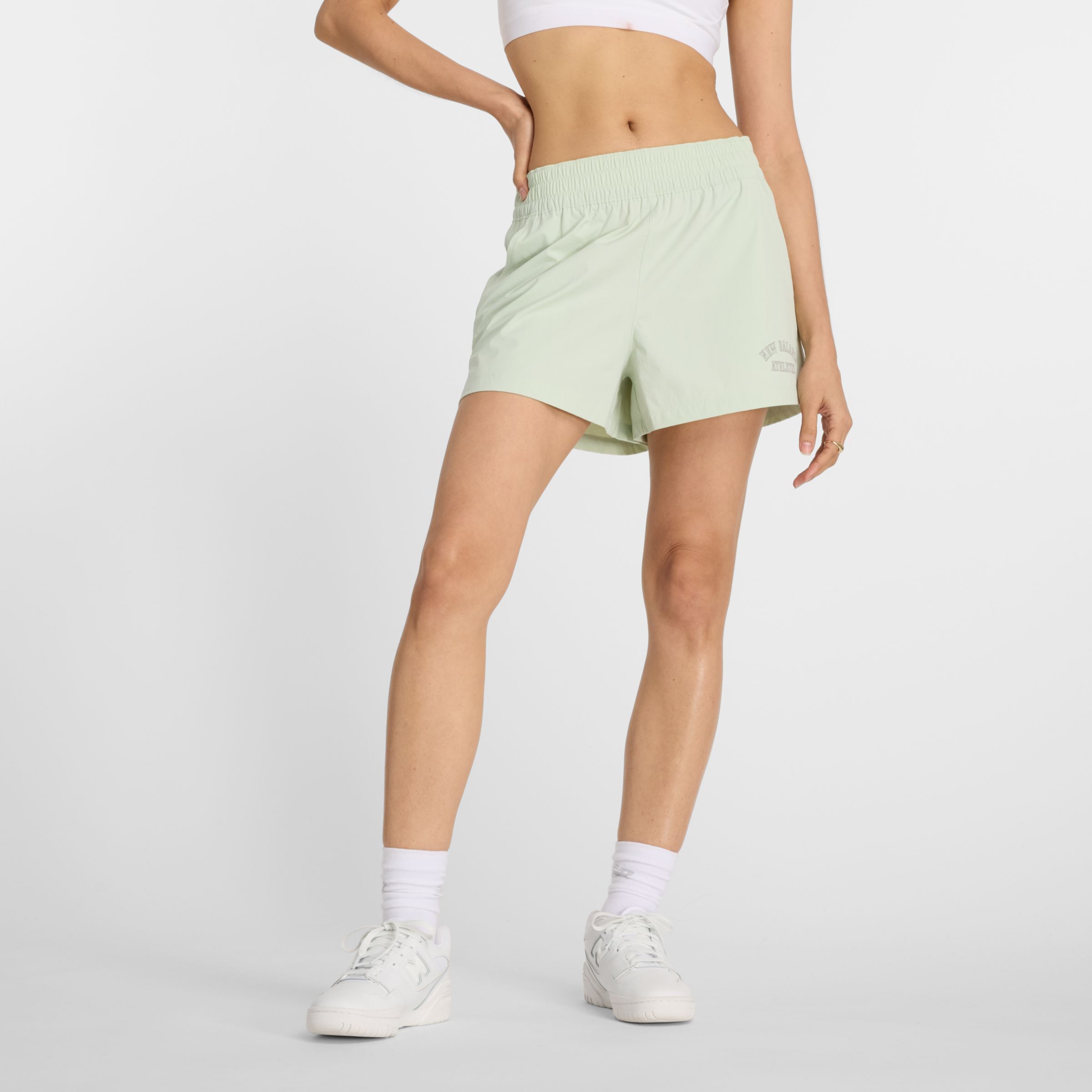 New Balance Women's Graphic Stretch Woven Pocket Short 3" in Green Polywoven, size X-Small