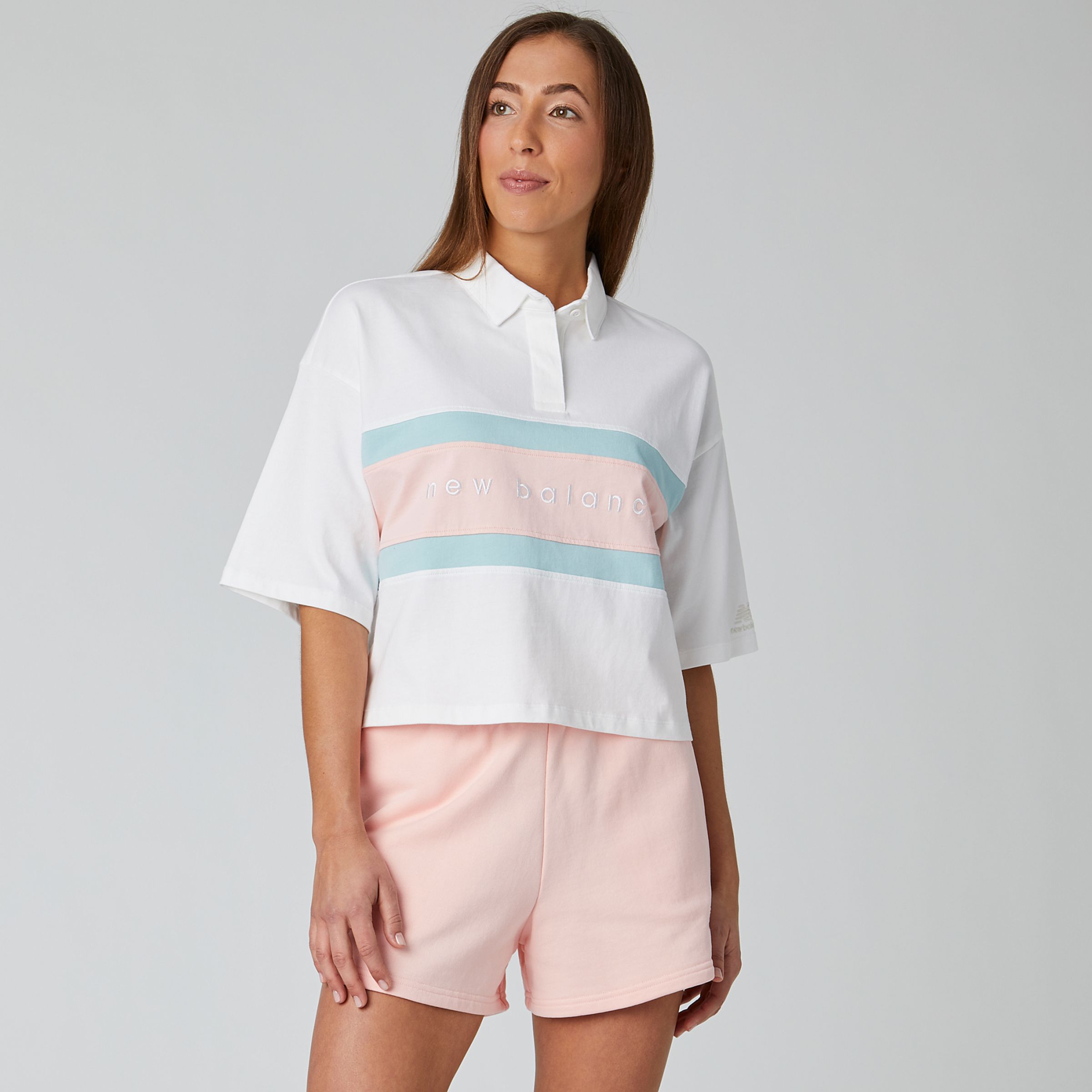 New Balance Femmes NB Athletics Prep Short Sleeve Boxy Polo en White/blanc, Cotton, Taille L