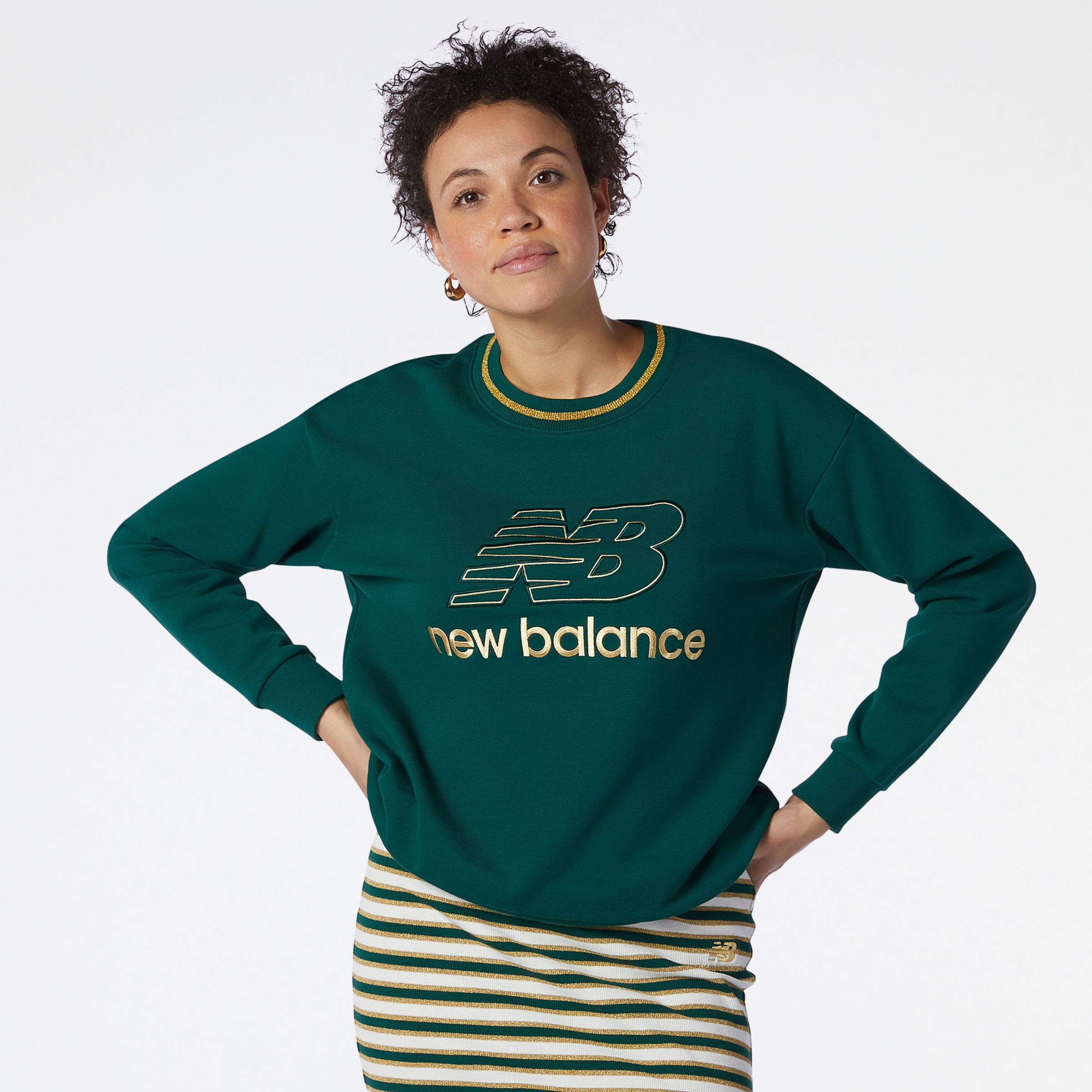 New Balance Mulher NB Athletics Metallic Thread Crew in Verde, Cotton, Tamanho M