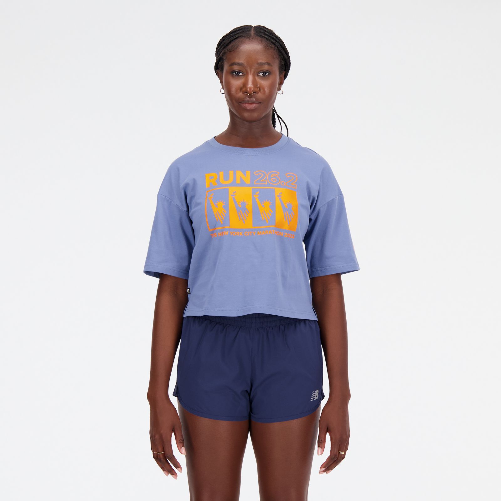 New Balance Women's NYC Marathon Essentials Americana Cotton Jersey Boxy T-Shirt, Mercury Blue / S