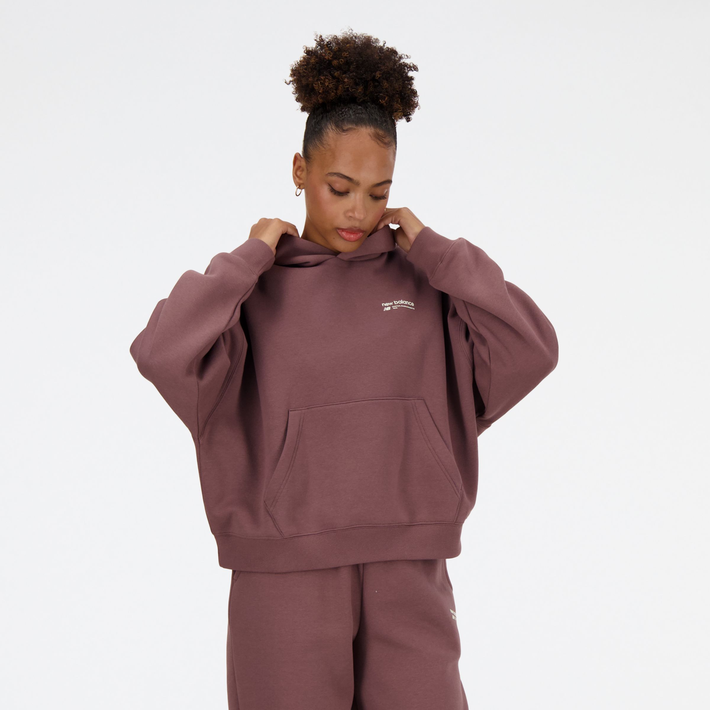 Shop New Balance Women's Linear Heritage Brushed Back Fleece Hoodie In Brown