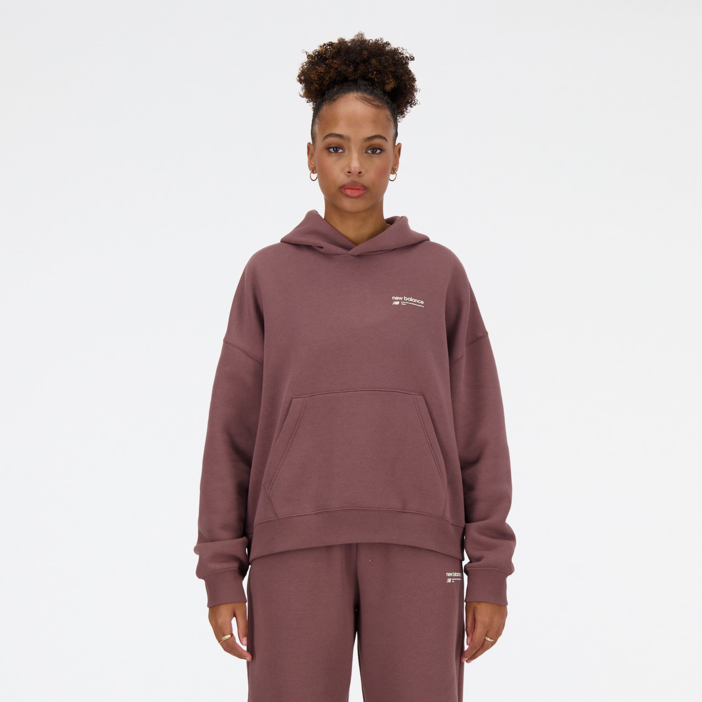 

New Balance Women's Linear Heritage Brushed Back Fleece Hoodie Brown - Brown