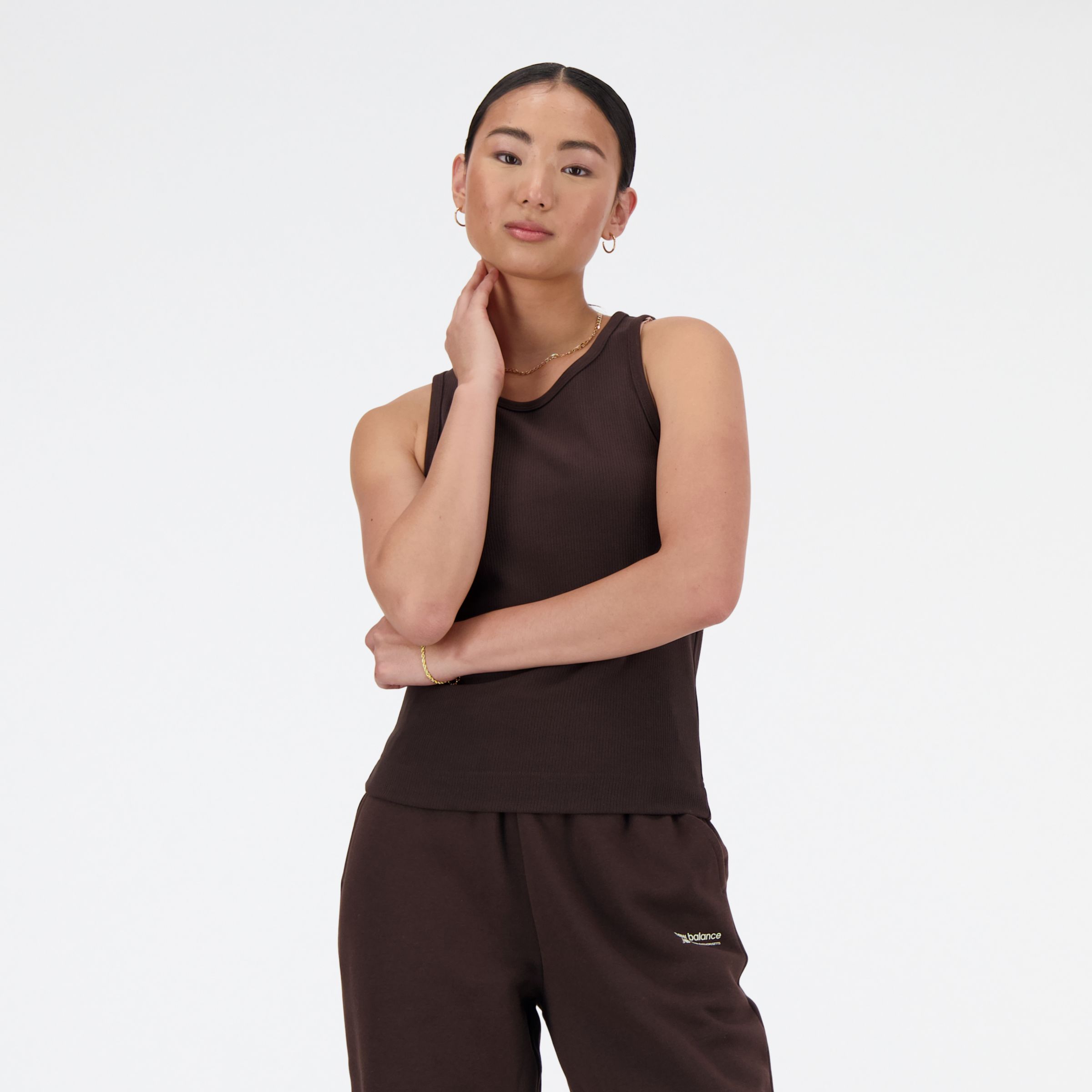 New Balance Women's Linear Heritage Rib Knit Racer Tank in Black Poly Knit, size X-Large