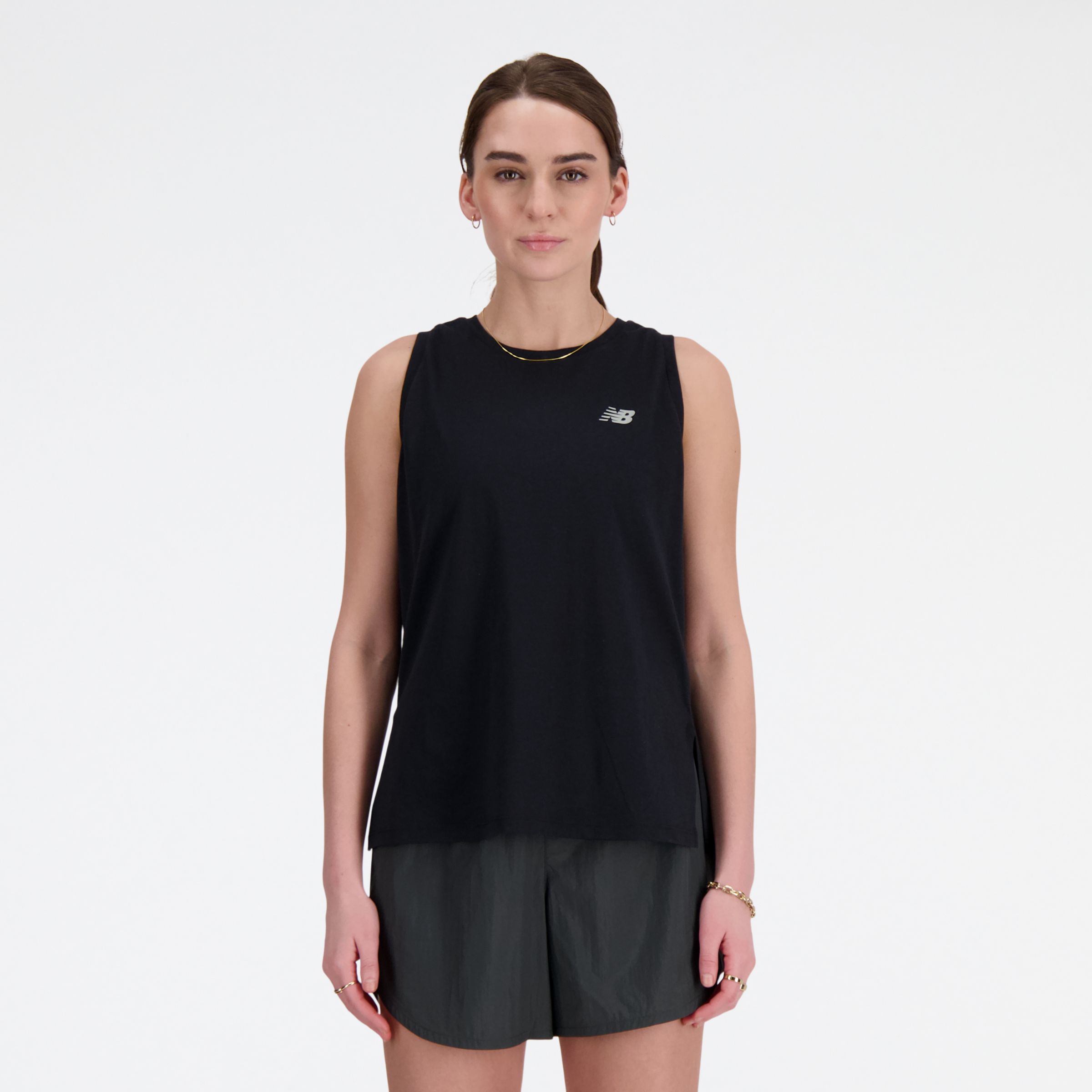 New Balance Women's Sport Essentials Heathertech Tank in Black Poly Knit, size Medium