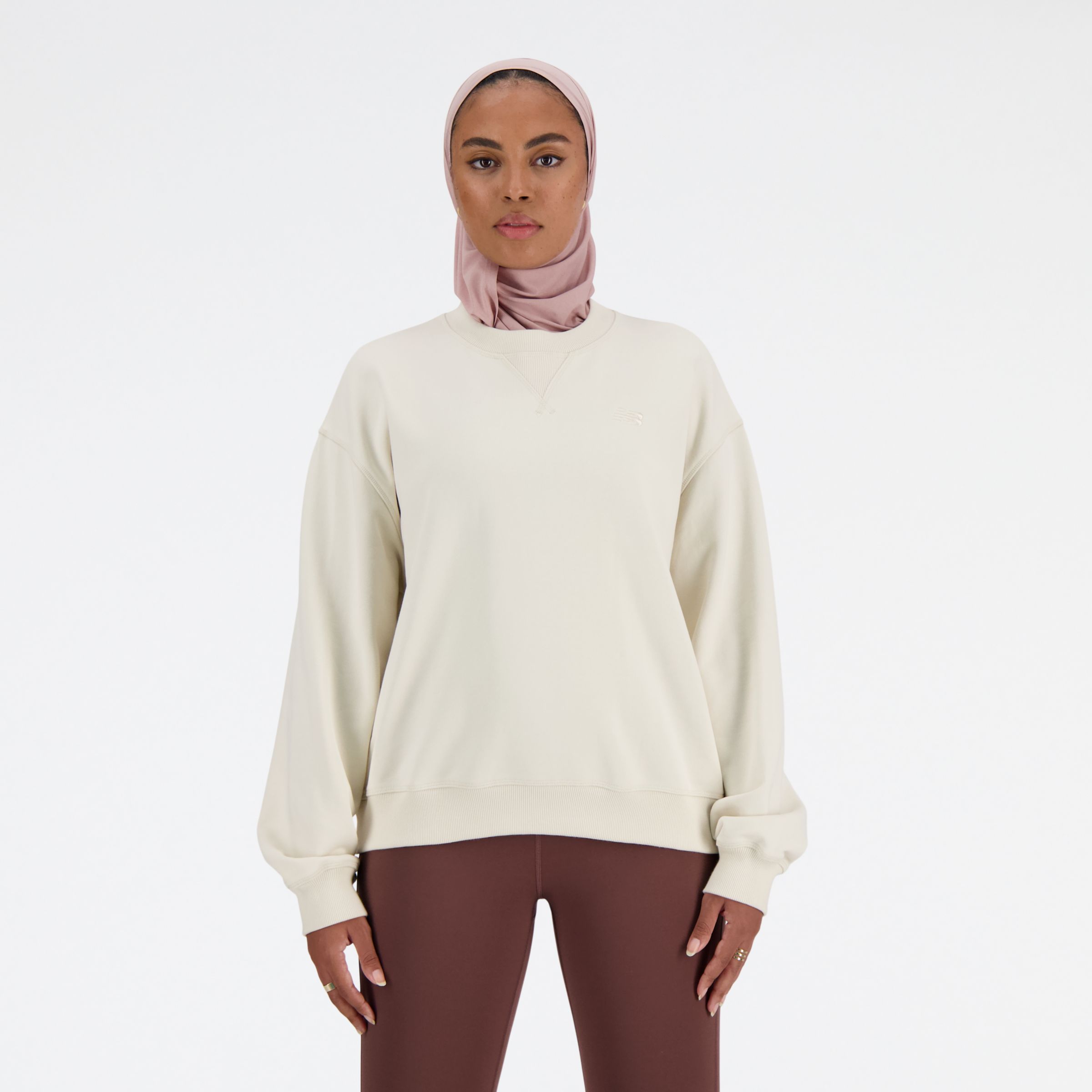 New Balance Women's Athletics French Terry Crew in Beige Cotton Fleece, size X-Large