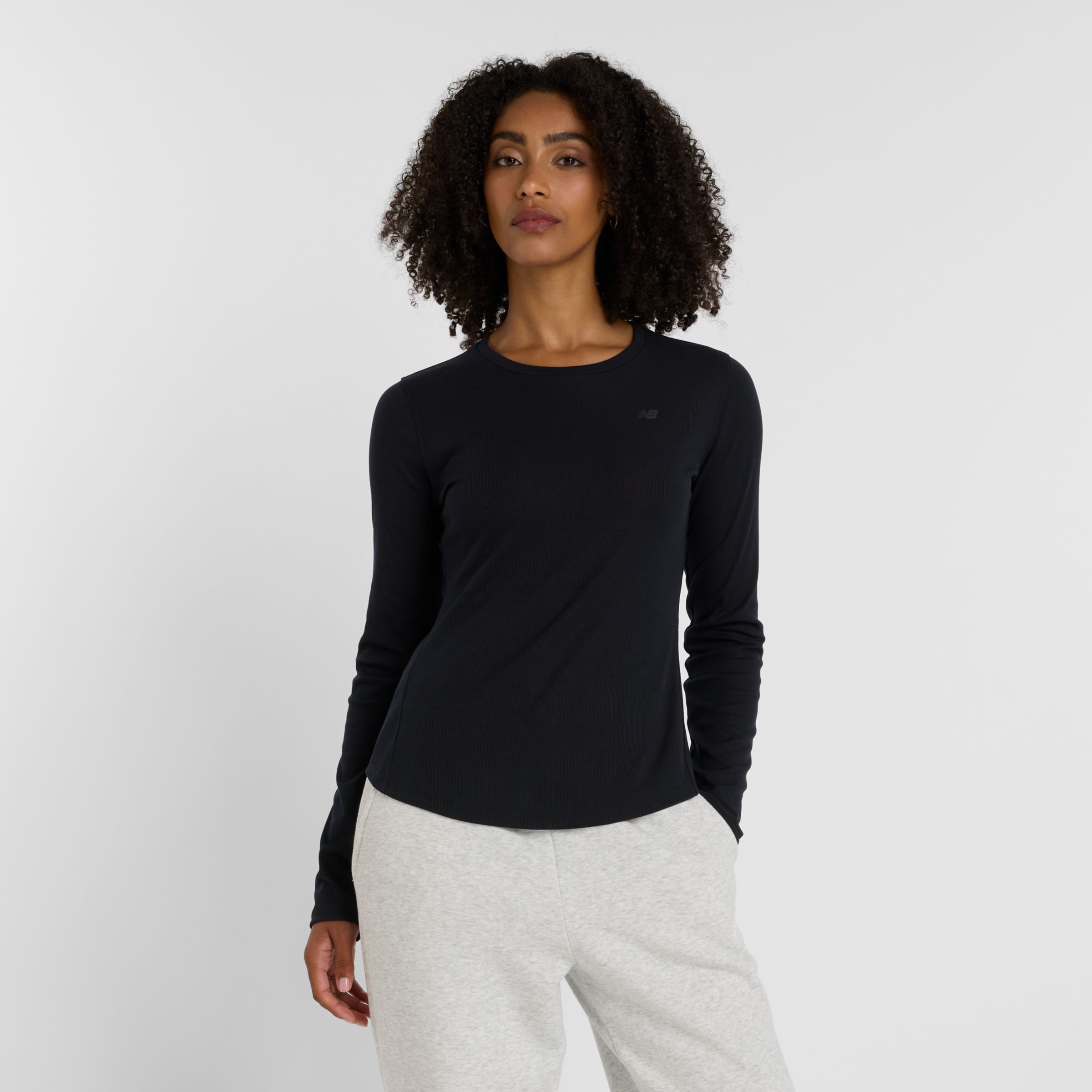 New Balance Women's Micro-Rib Long Sleeve in Black Cotton Jersey, size X-Small