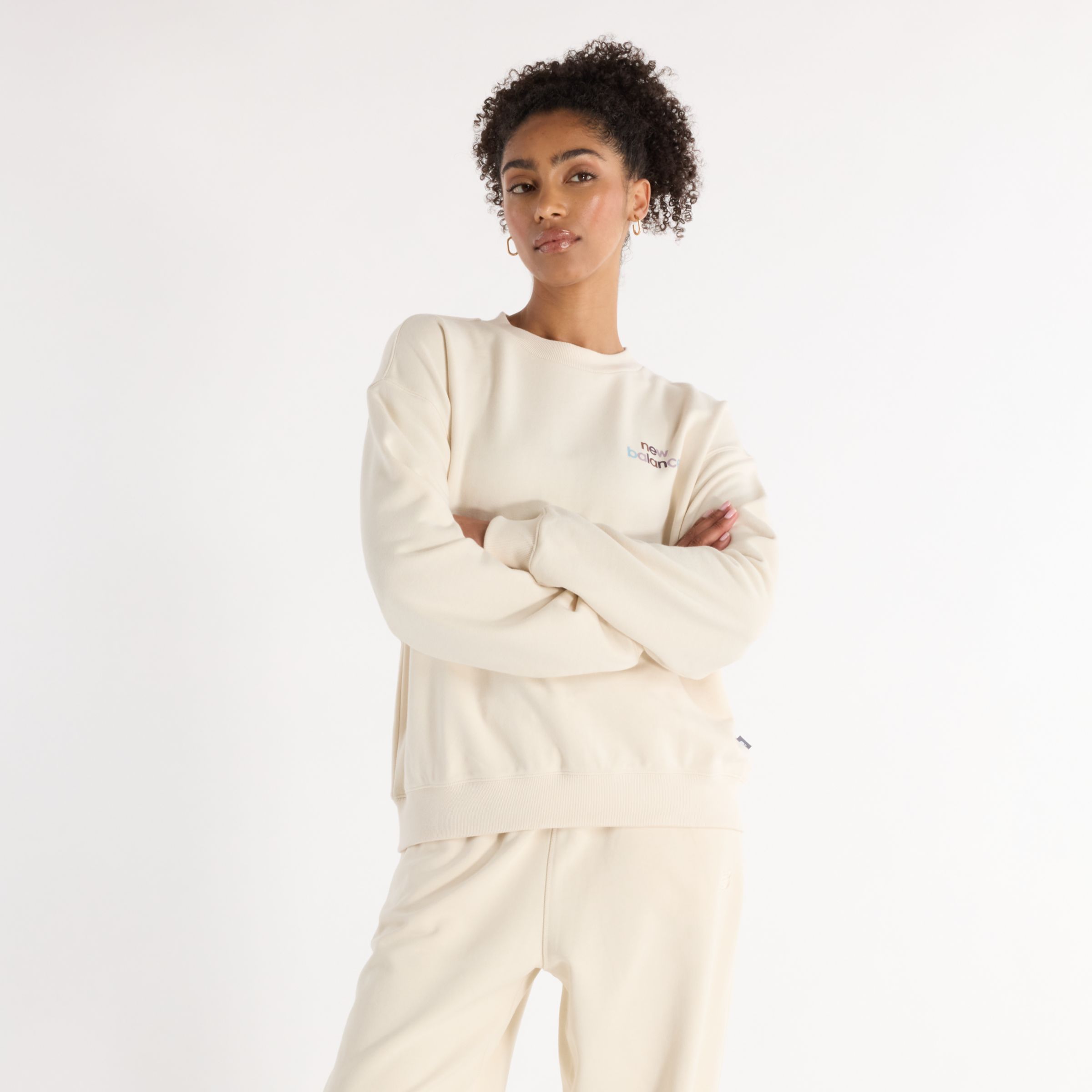 New Balance Women's French Terry Oversized Logo Crew in Beige Cotton Fleece, size Small