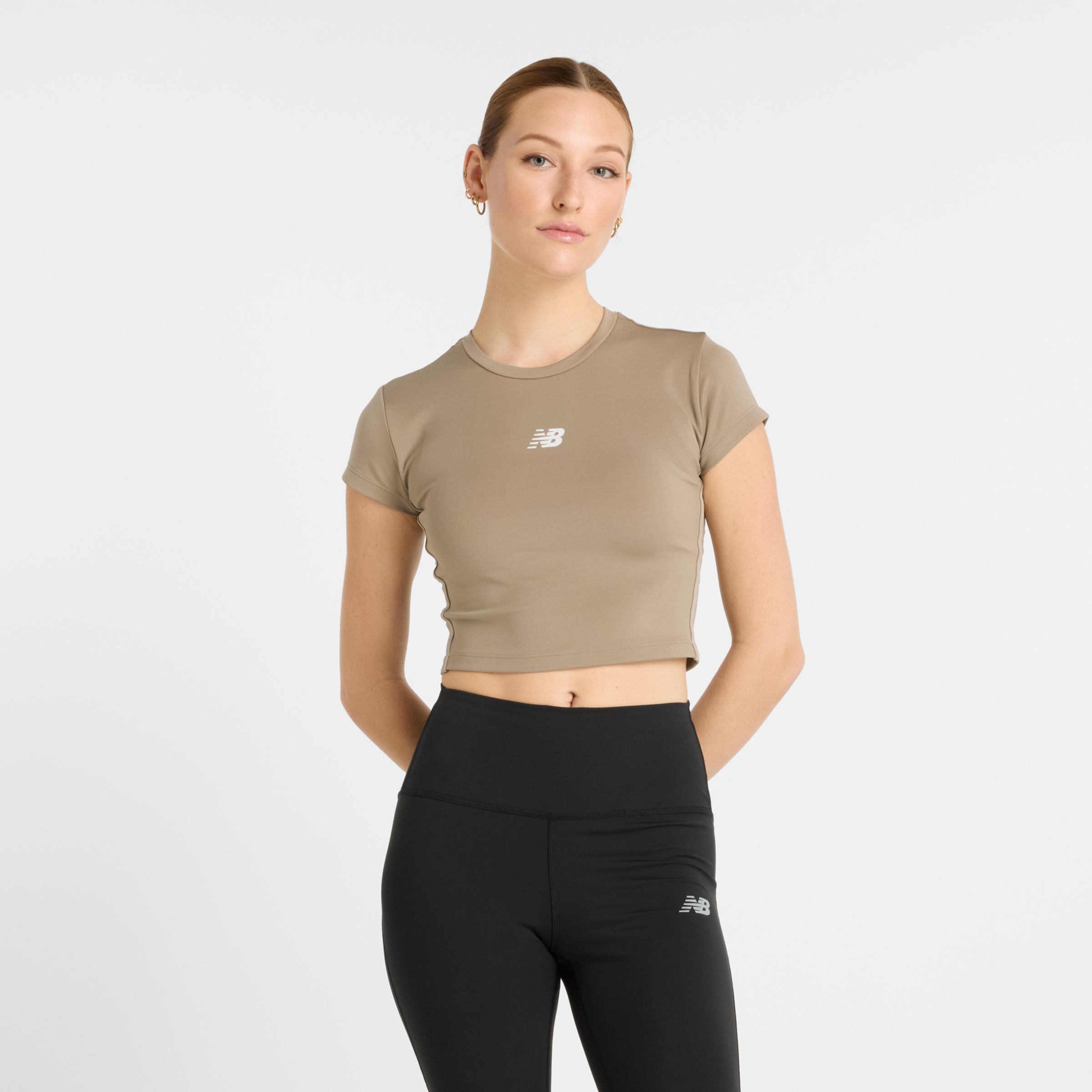 New Balance Women's NB Harmony Fitted T-Shirt in Brown Poly Knit, size X-Large