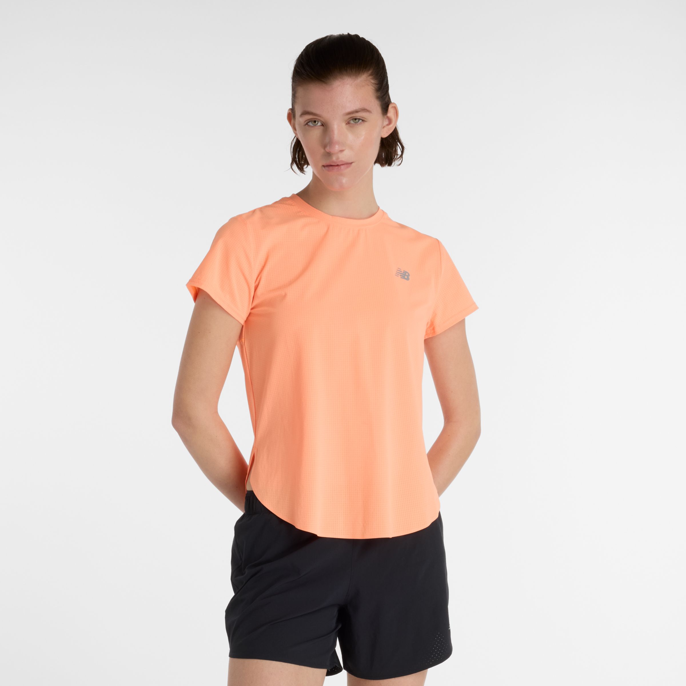 New Balance Women's Race Day Ultra Light T-Shirt in Orange Poly Knit, size Large