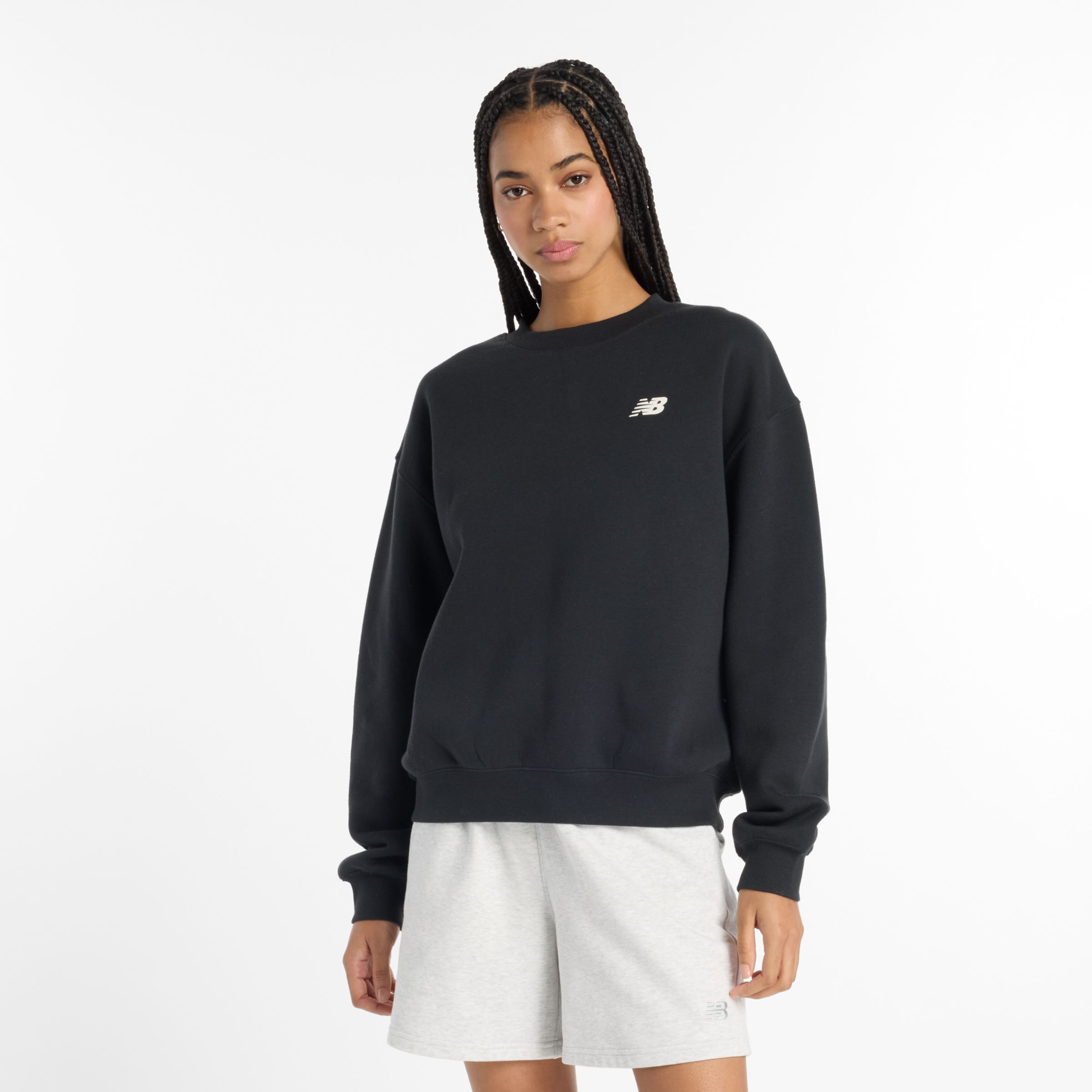 New Balance Femme Reimagined Fleece Crew en Noir, Coton Fleece, Taille L