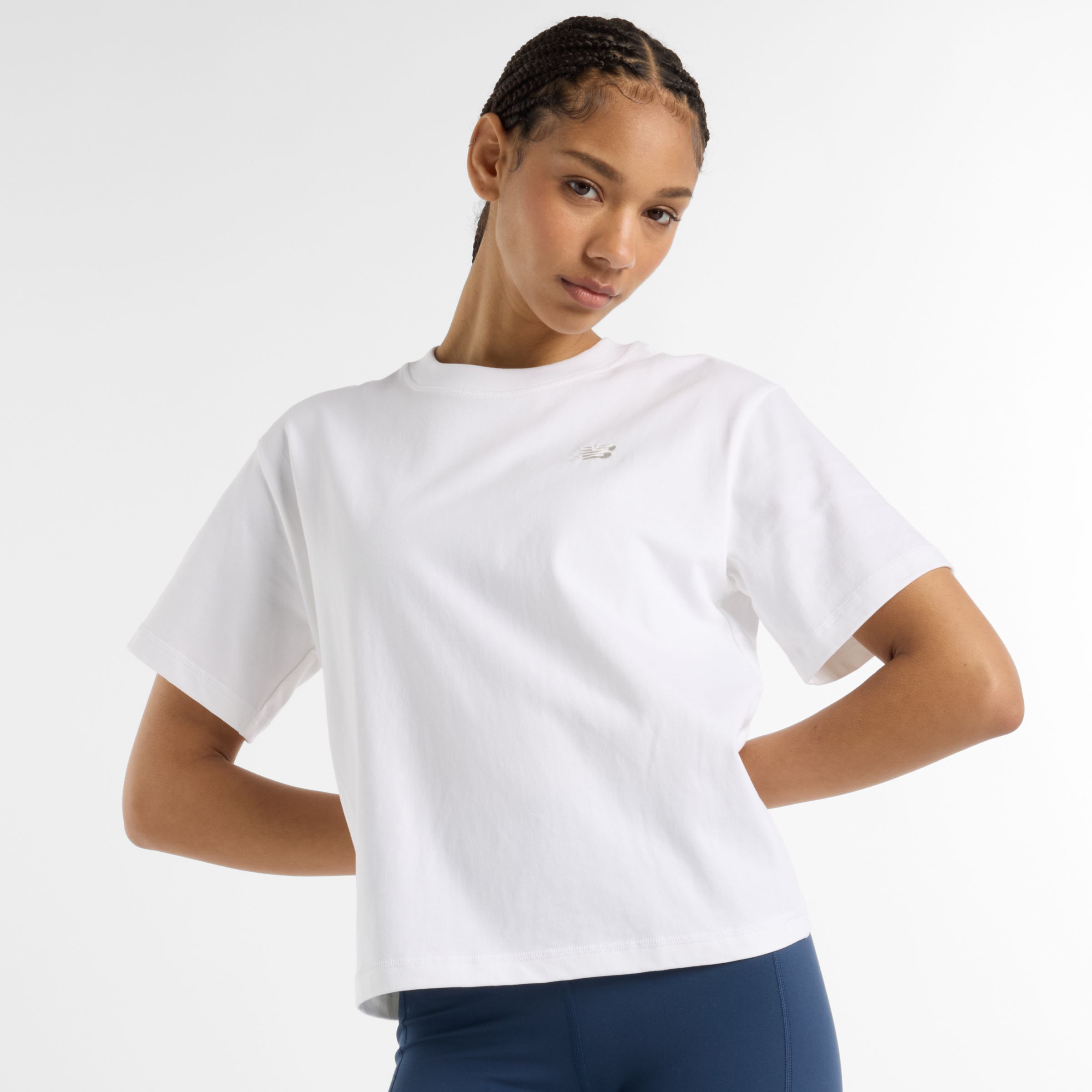 New Balance Women's Jersey Seamed T-Shirt in White Cotton, size Small
