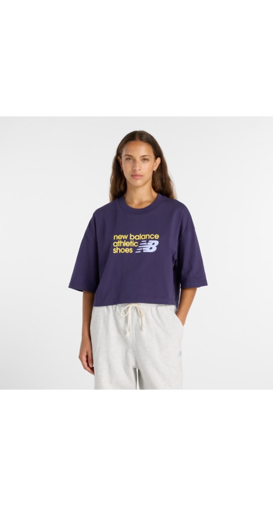 New Balance Athletics Premium Chest Logo Cropped T-Shirt in Boysenberry
