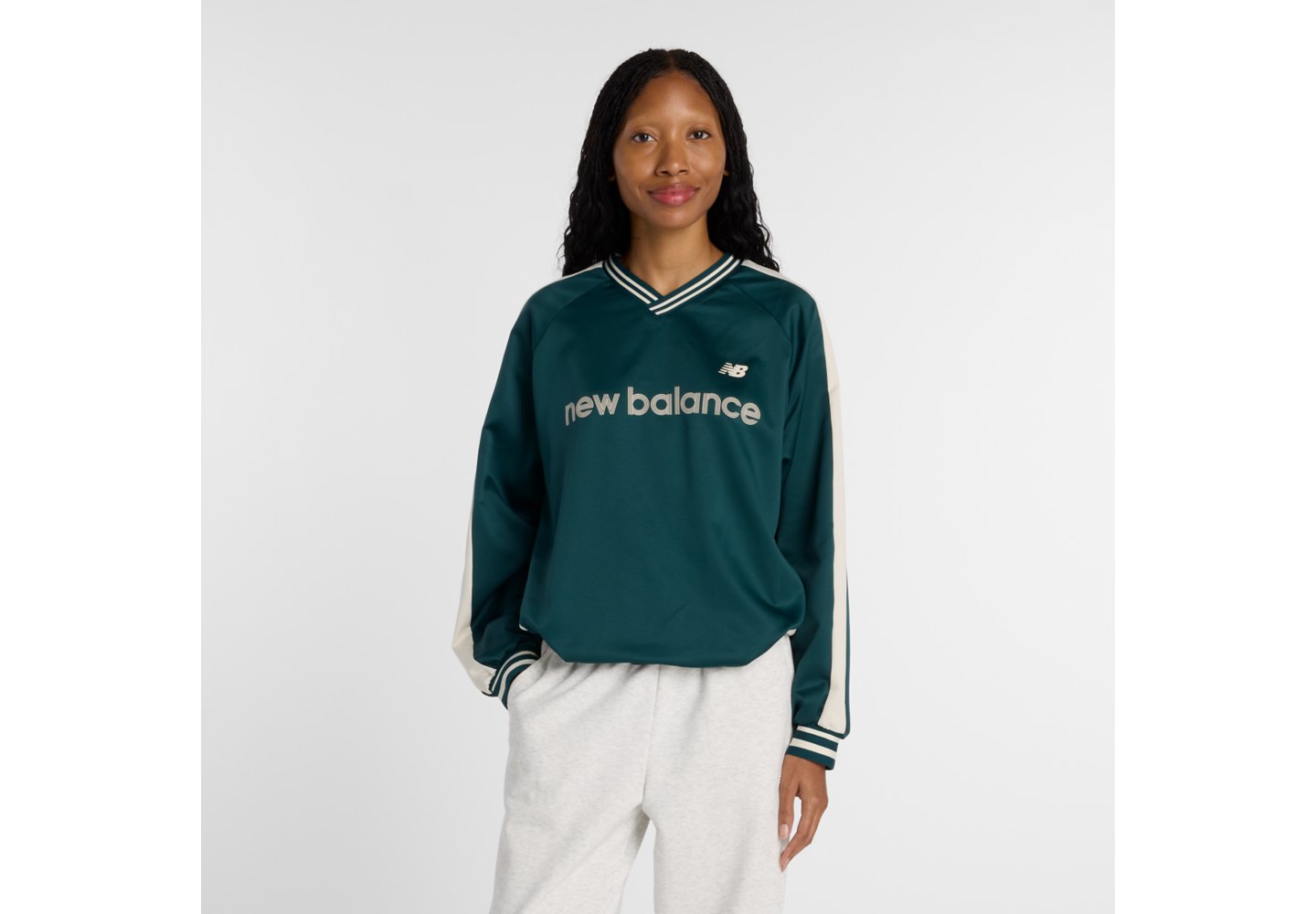 New Balance Satin Woven Pullover in Linen With Team Navy — photo 1 of 1