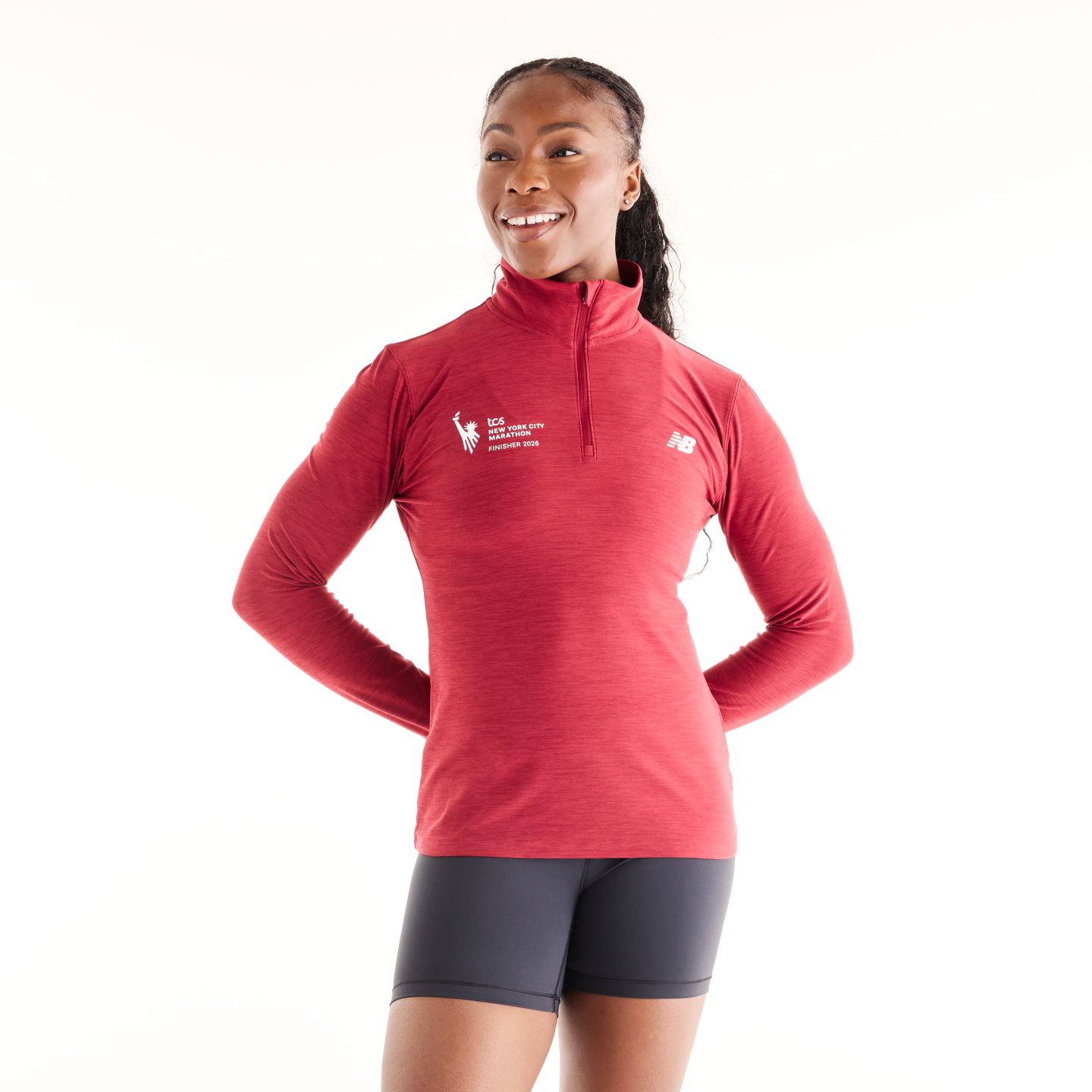 Женская толстовка New Balance NYC Marathon Sport Essentials Space Dye Finisher 1/4 Zip, цвет: Красный — фото 1