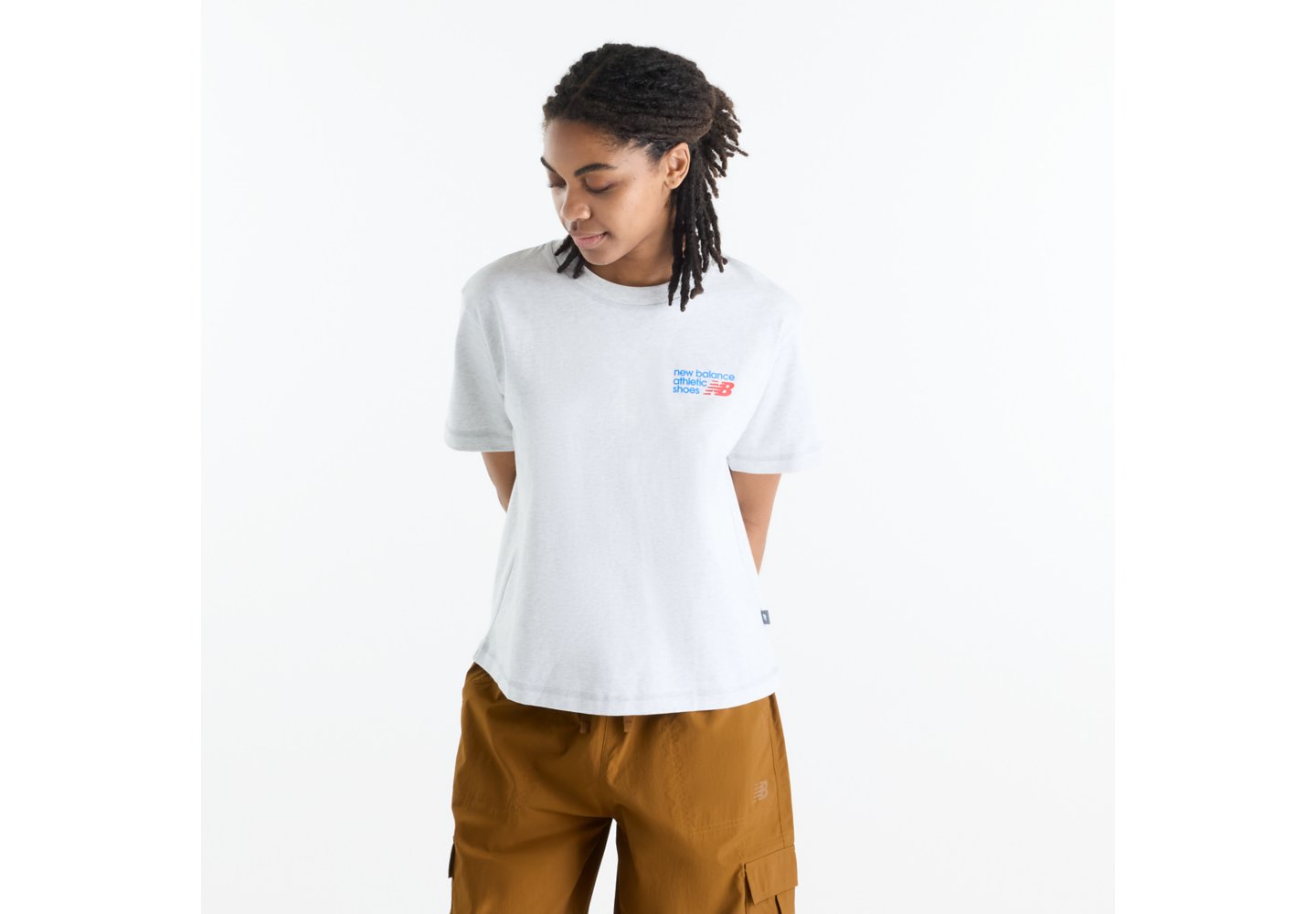 New Balance Athletics Premium Logo Hip Length Relaxed T-Shirt in Ash Heather Multi — photo 1 of 1