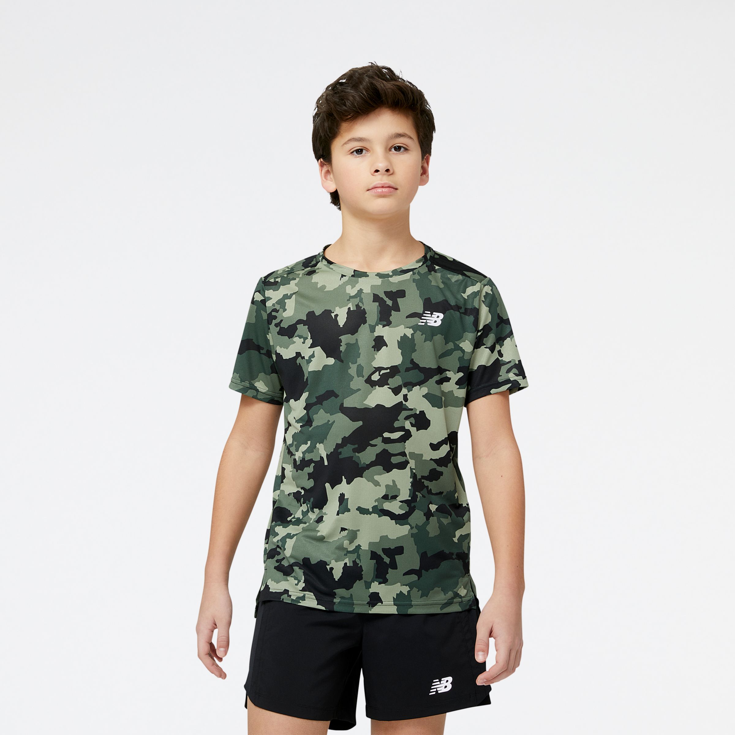 New Balance Enfant Printed Accelerate Short Sleeve en Green/vert, Poly Knit, Taille XS